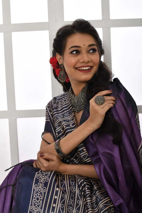 Purple color tussar silk saree with printed work