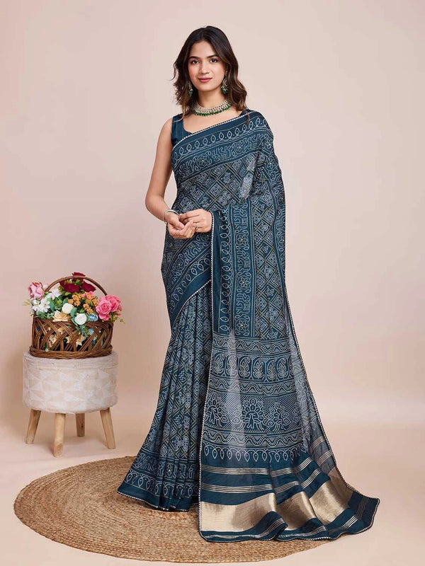 Rama green khadi bandhani printed cotton saree