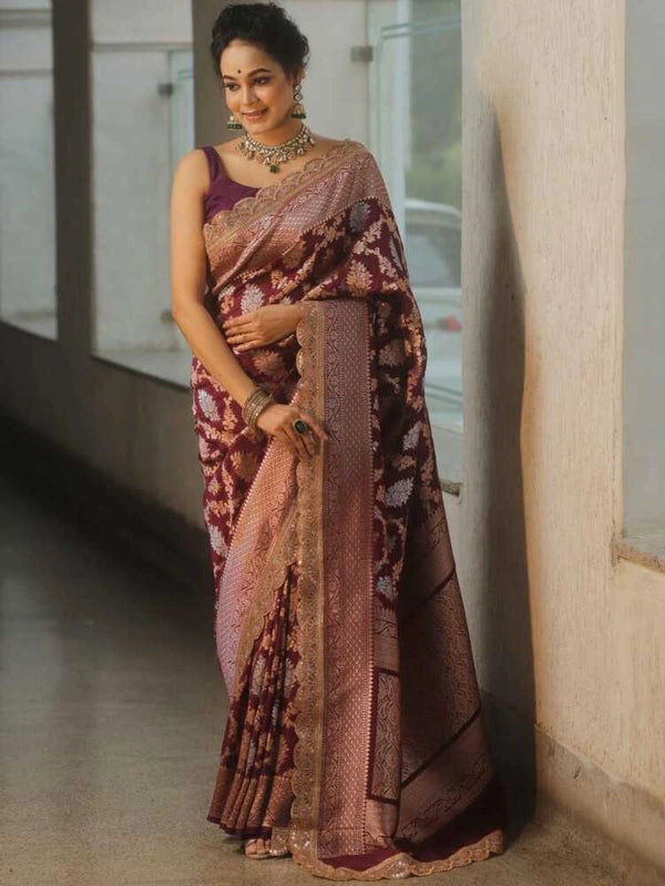 Magenta premium banarasi katan silk saree with zari weaving & lace border