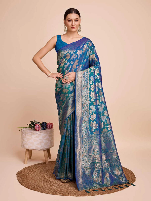 Golden & copper zari weaving with firoji color soft silk banarasi saree