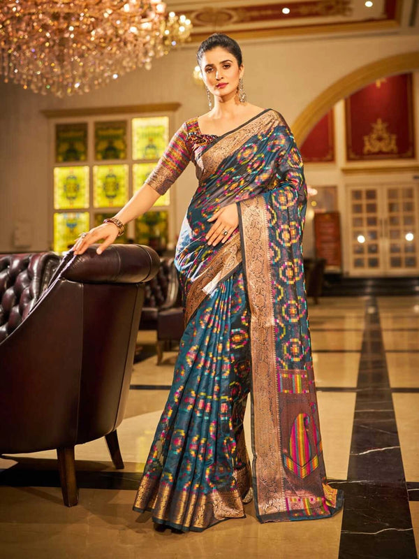 Firoji soft organza silk saree with zari weaving work