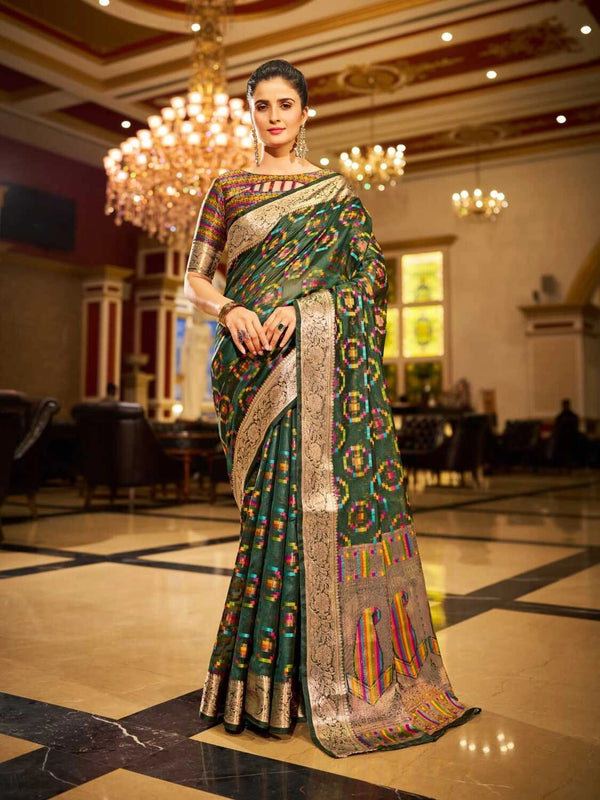 Green soft organza silk saree with zari weaving work