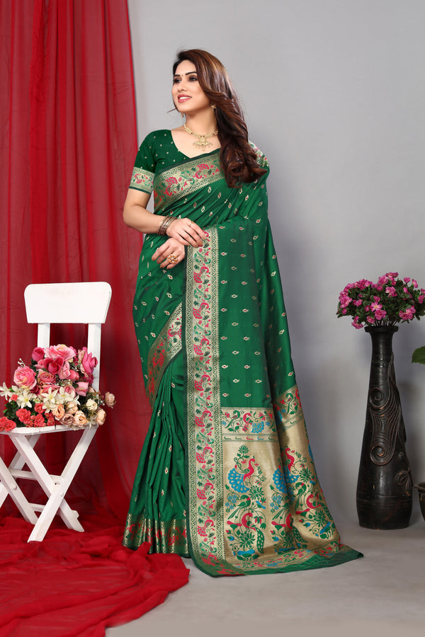Dark green color paithani silk saree with zari weaving work