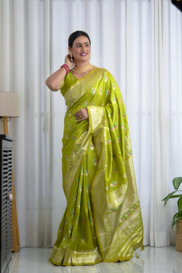 Parrot green pure soft banarasi saree with meenakari weaving work