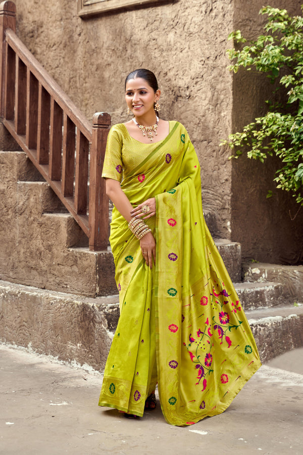Traditional parrot green paithani silk saree with zari weaving work