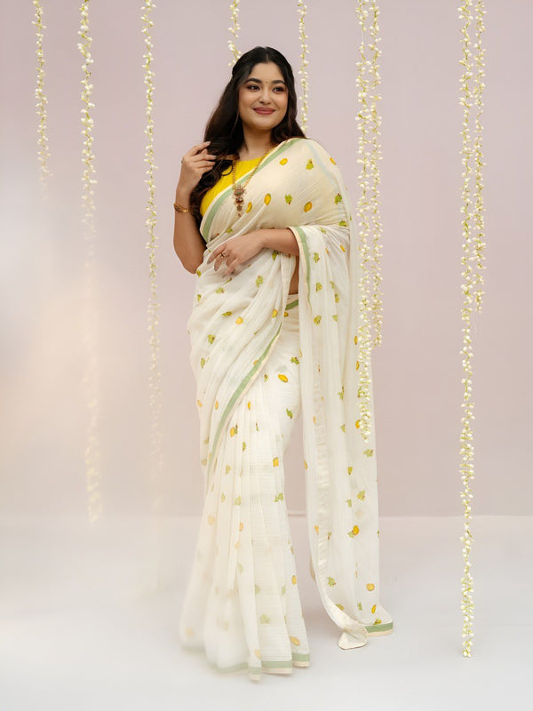 Trendy linen | White linen cotton saree with digital printed work