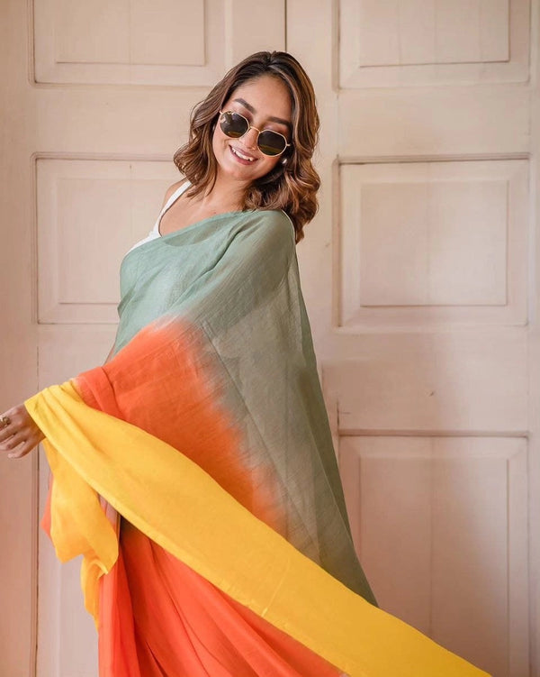 Multi colour soft flowy linen cotton saree with digital printed work