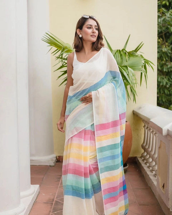 Multi colour soft flowy linen cotton saree with digital printed work