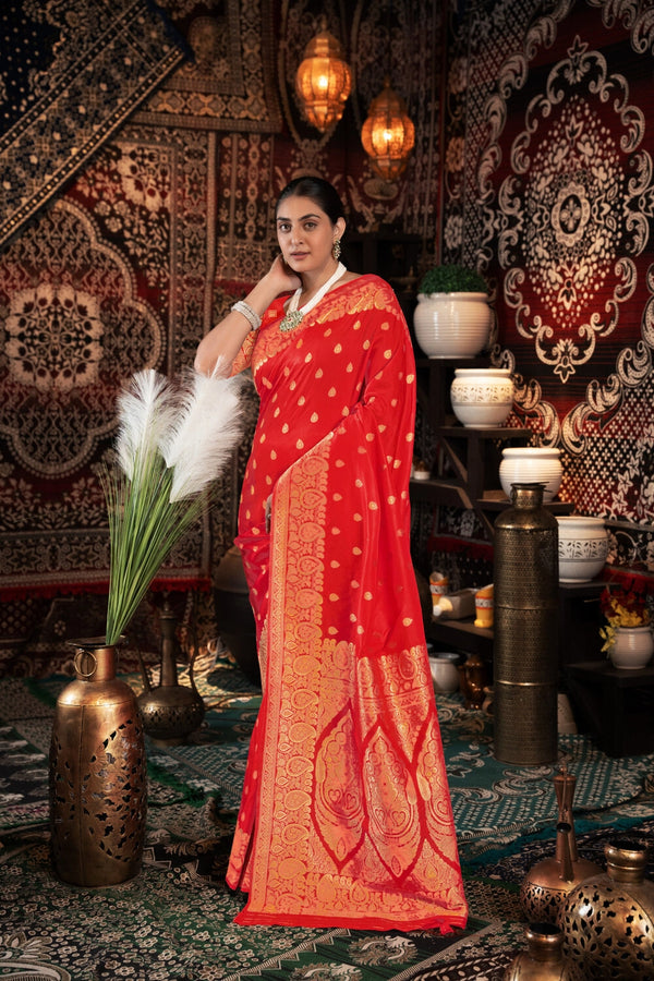 Red banarasi silk saree with zari woven work