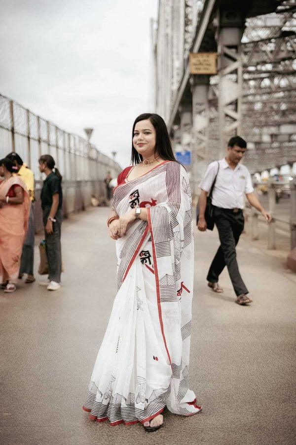 Red & White Contrast Soft Linen Cotton Saree with Unique Design