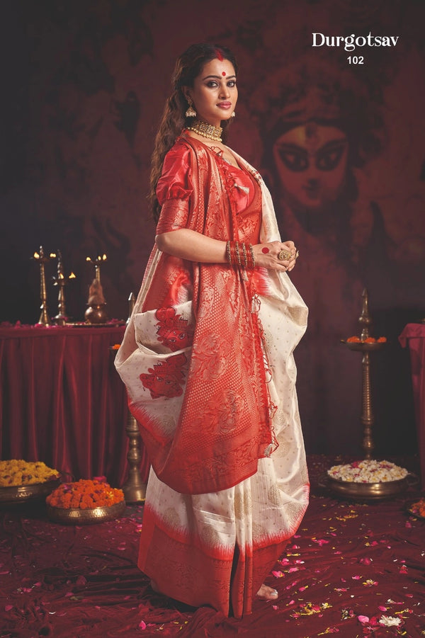Durgotsab Special Silk Blend Saree With Zari Weaving Work