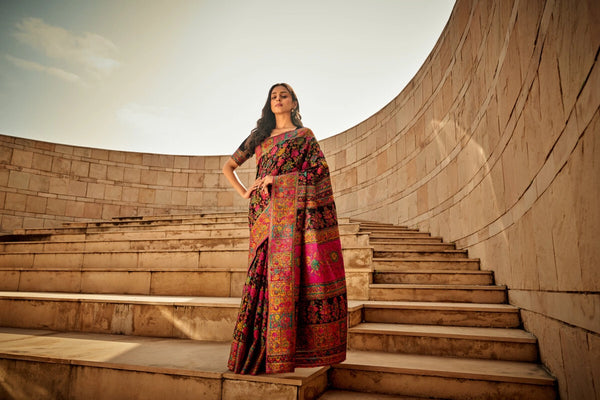 Black traditional pashmina cotton saree with woven design
