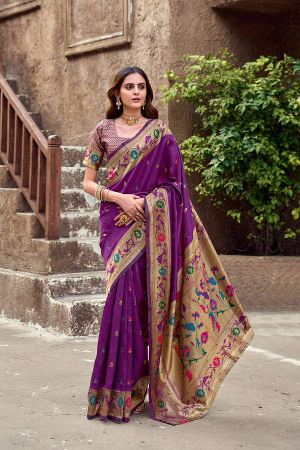 Traditional magenta paithani silk saree with zari weaving work