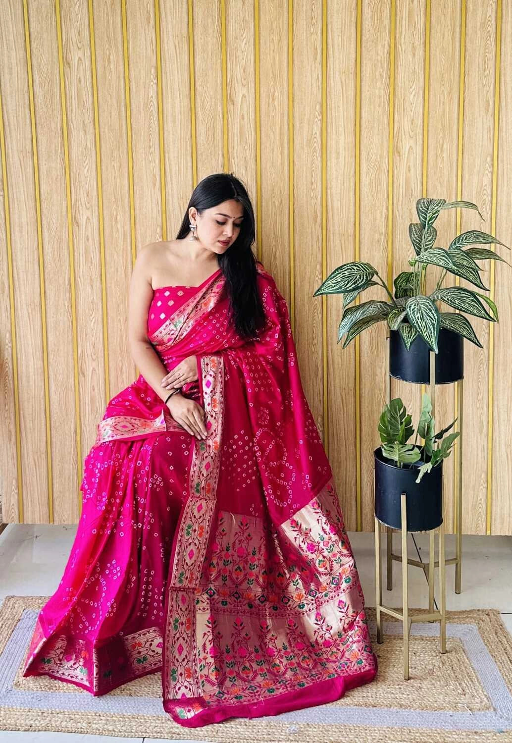 Pink premium paithani bandhej silk bandhani saree with zari weaving work