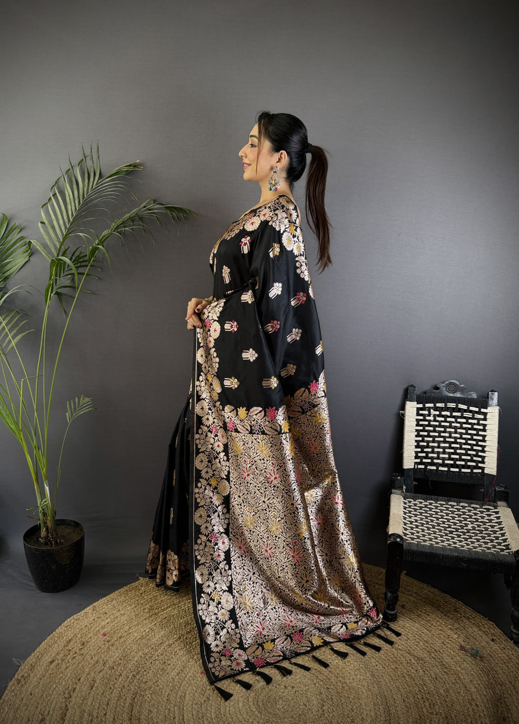 Black premium banarasi silk saree with meenakari zari weaving work