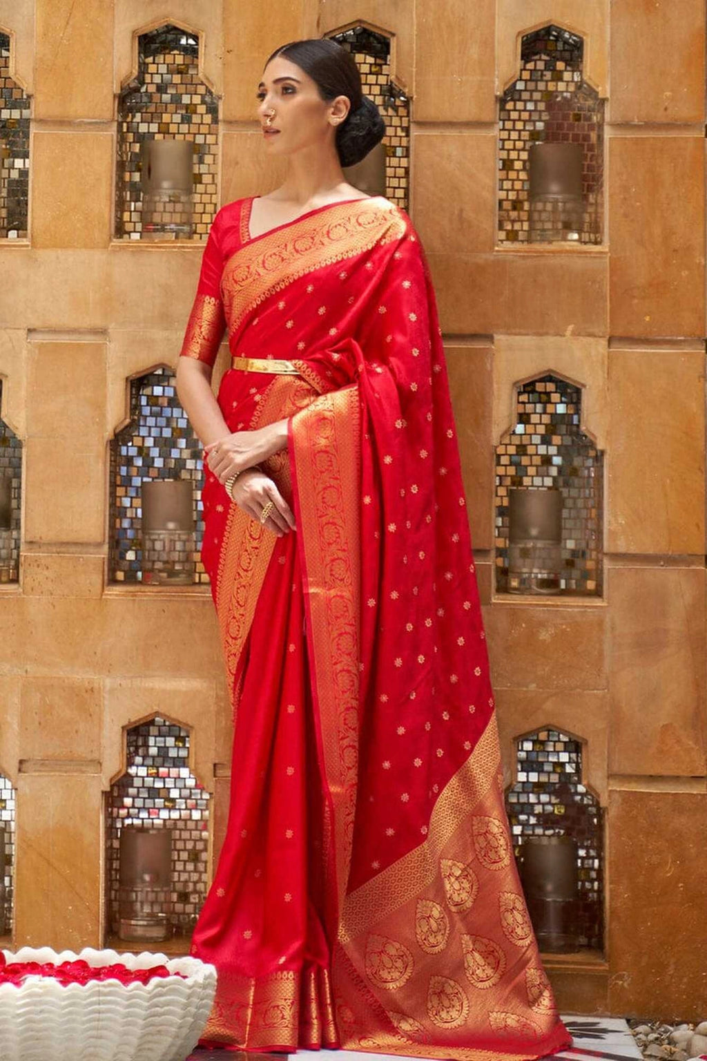 Red soft banarasi silk saree with zari weaving work