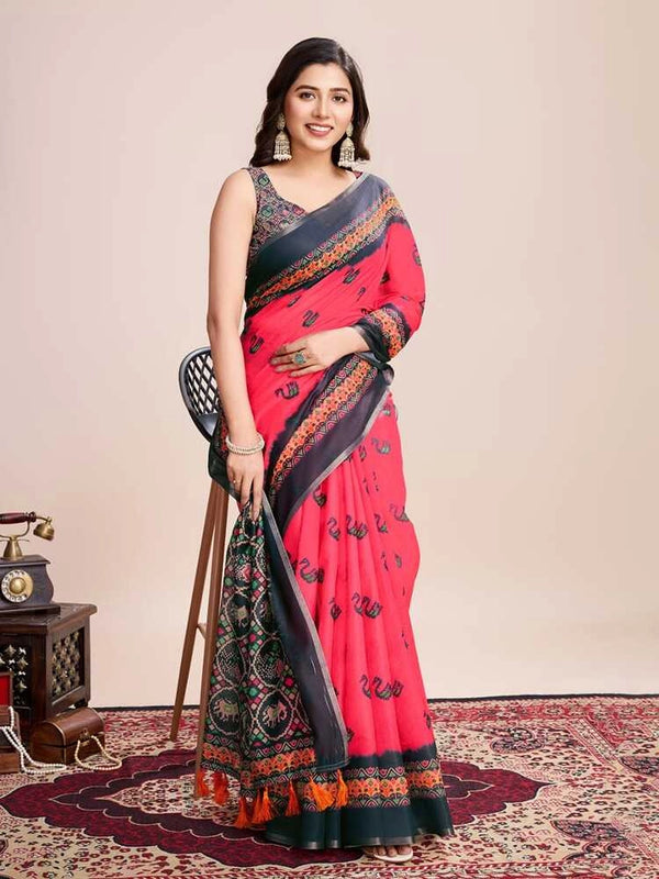Pink soft linen cotton saree with digital printed work