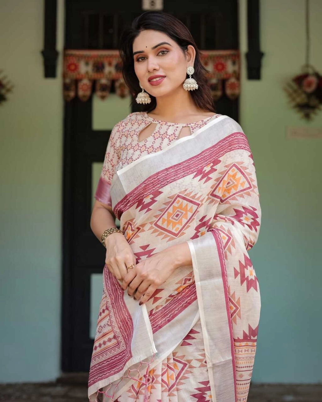 Multi summer special digital printed linen cotton saree