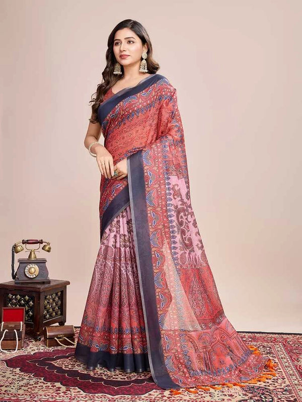 Multi soft linen cotton saree with kalamkari printed work