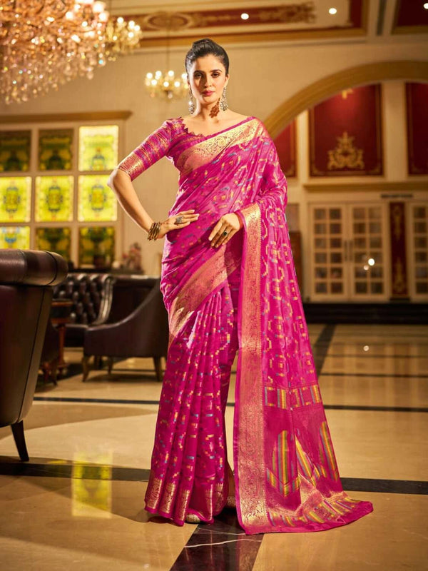 Rani pink soft organza silk saree with zari weaving work