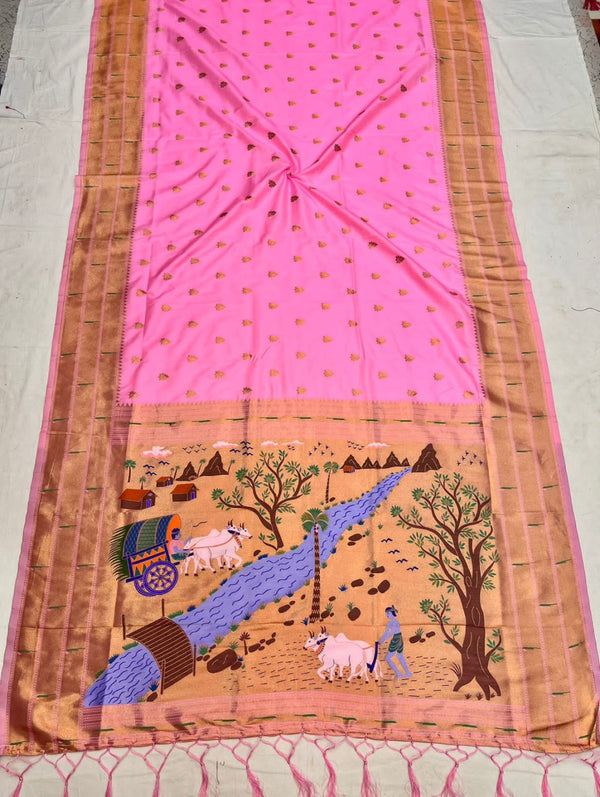 Baby pink color paithani silk saree with zari weaving work