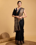 Black color soft kanchipuram silk saree with zari weaving work