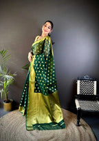 Green latest organza silk saree with zari weaving work