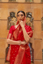Red soft banarasi silk saree with zari weaving work