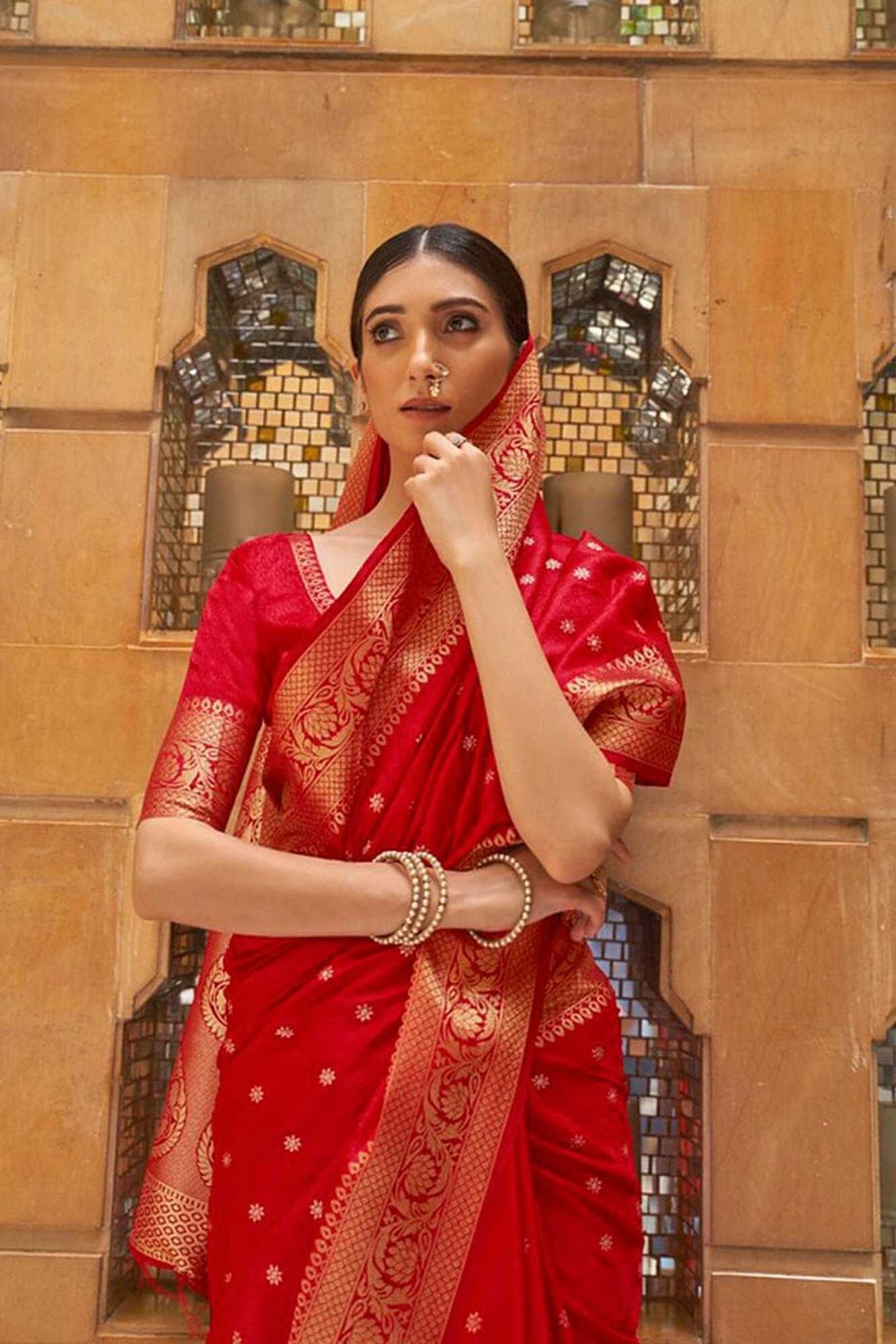 Red soft banarasi silk saree with zari weaving work