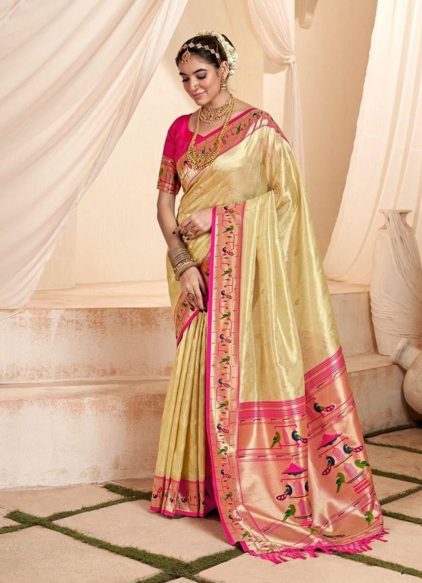 Off white soft tissue paithani silk saree with zari weaving work