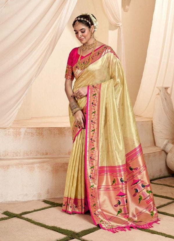 Off white soft tissue paithani silk saree with zari weaving work