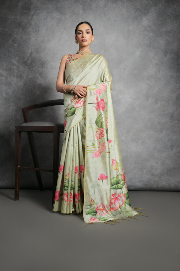 Pista green color soft tussar silk saree with lotus floral printed work