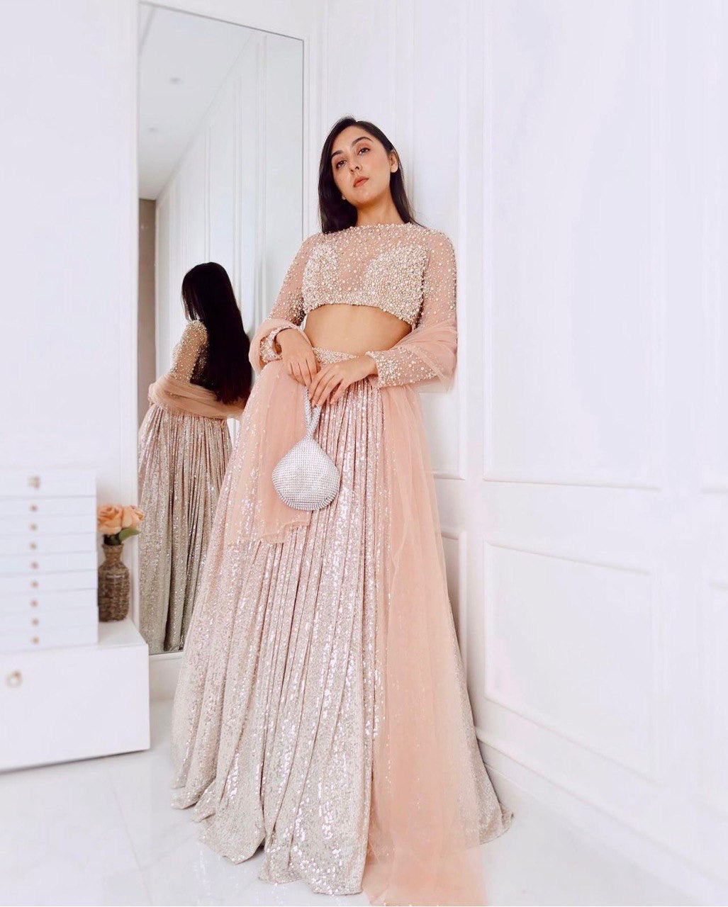 Luxury Satin Silk Lehenga with Sequins Embroidery & Net Dupatta