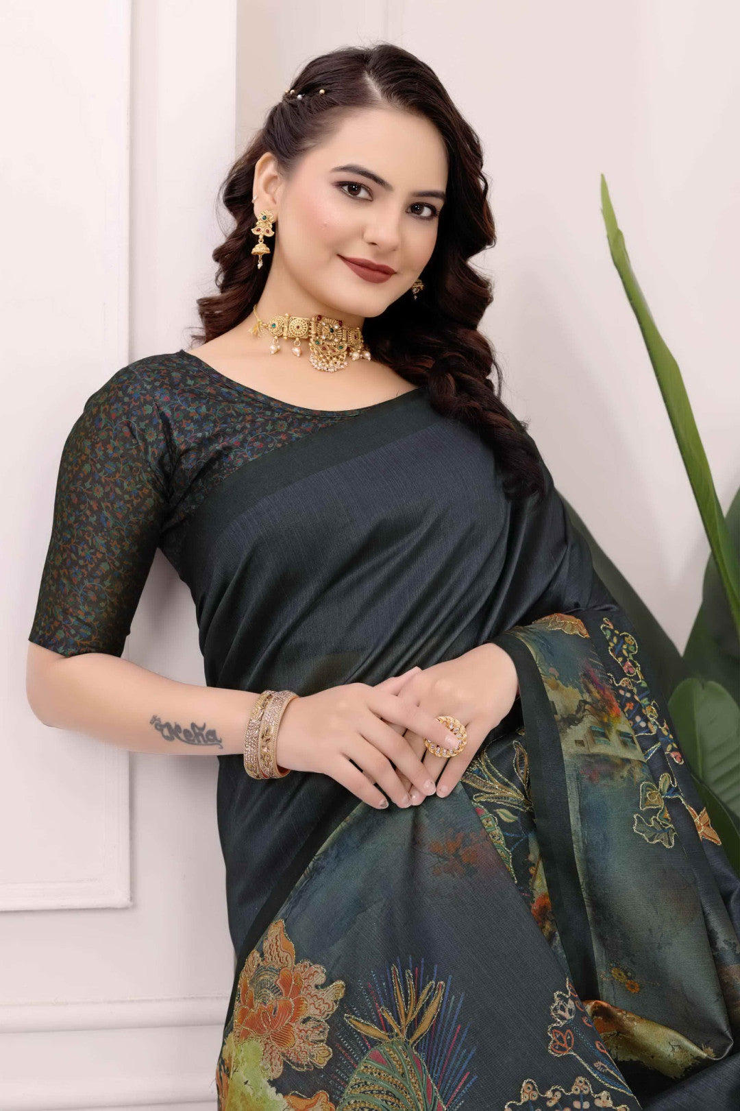 Black kalamkari printed premium tussar silk saree