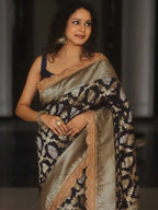 Black premium banarasi katan silk saree with zari weaving & lace border
