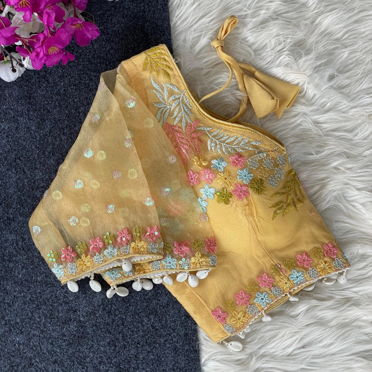 Beige fancy heavy net readymade blouse with embroidery work