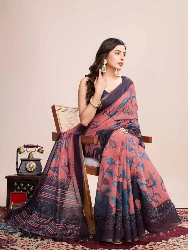 Multi soft linen cotton saree with kalamkari printed work