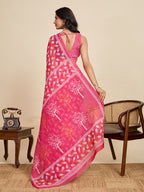 Pink linen cotton saree with digital printed work and silver zari border