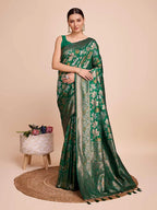 Golden & copper zari weaving with green color soft silk banarasi saree