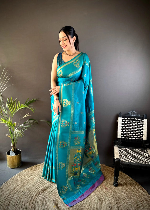 Firoji traditional paithani silk saree with meenakari zari weaving work