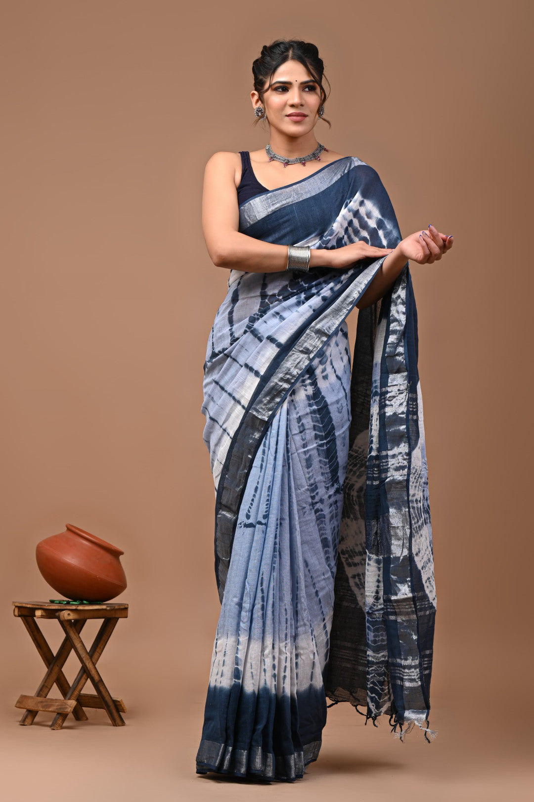 Multi colour pure linen cotton saree with bagru handblock printed work