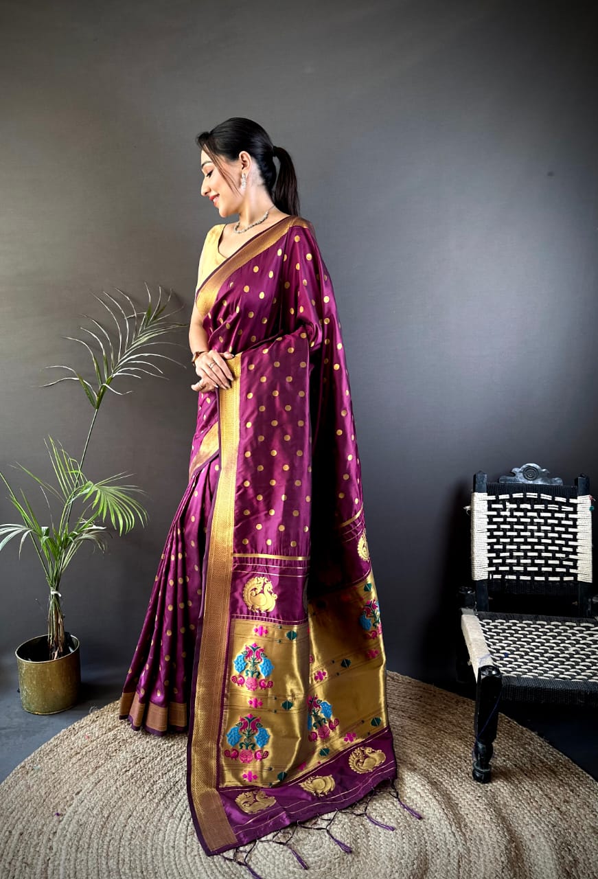 Magenta traditional paithani silk saree with zari weaving work