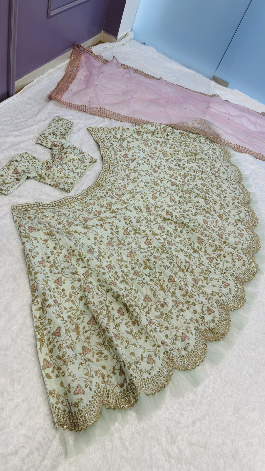 Premium Mulberry Silk Bridal Lehenga with Organza Dupatta & Hand Embellishments