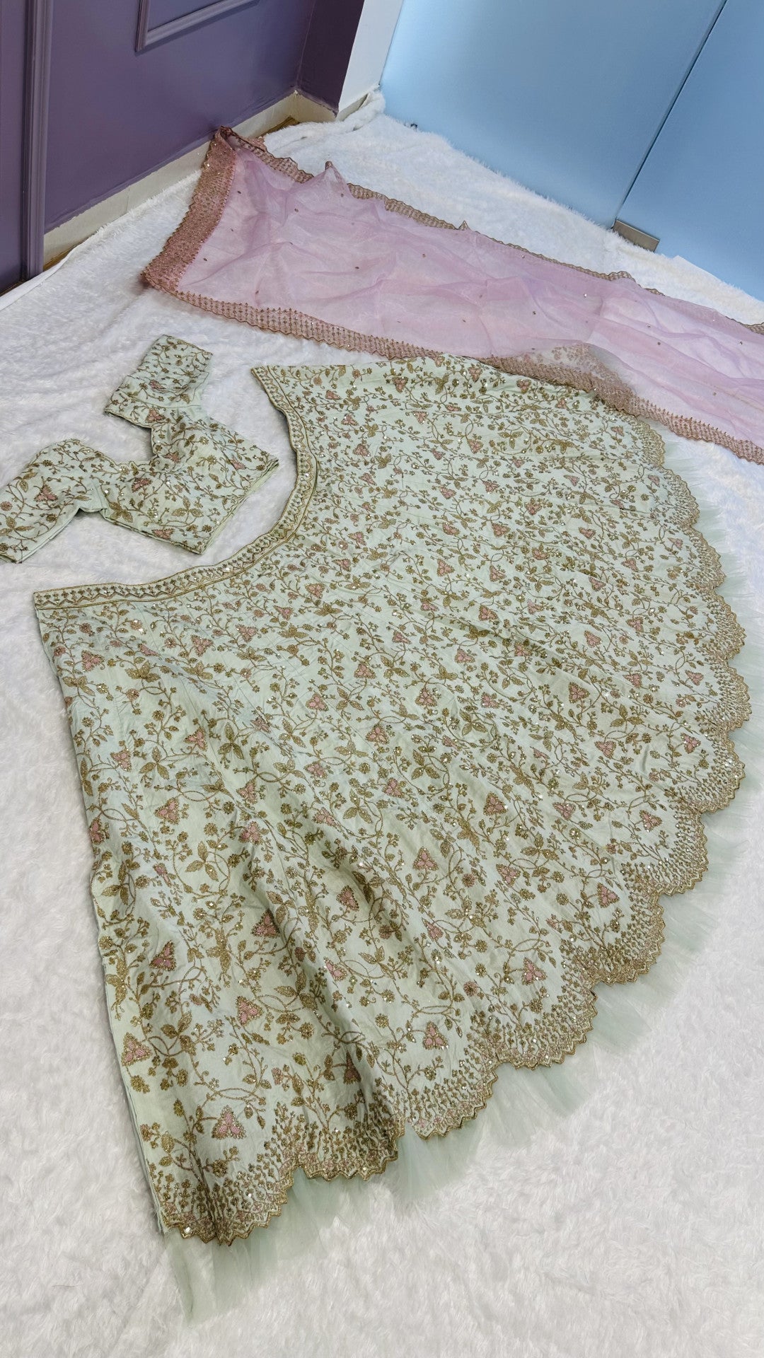 Premium Mulberry Silk Bridal Lehenga with Organza Dupatta & Hand Embellishments