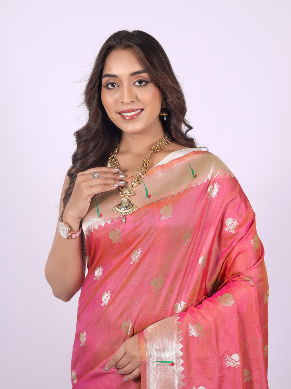 Peach color paithani silk saree with zari weaving work