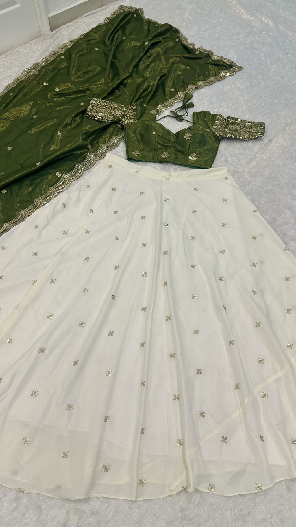 Off white Pure Crepe Silk Lehenga with 5 Meter Flair & Shimmer Silk Blouse