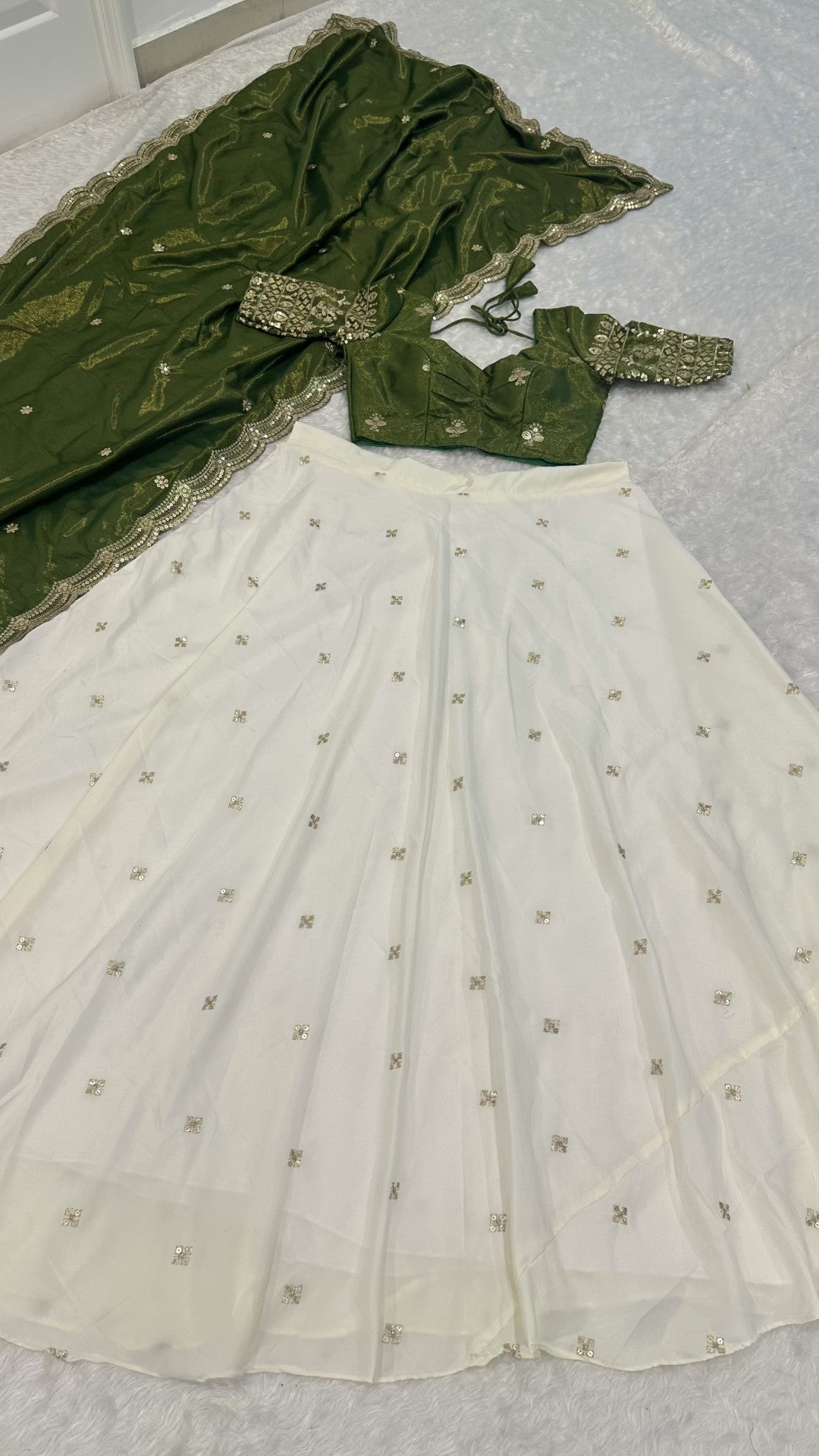 Off white Pure Crepe Silk Lehenga with 5 Meter Flair & Shimmer Silk Blouse