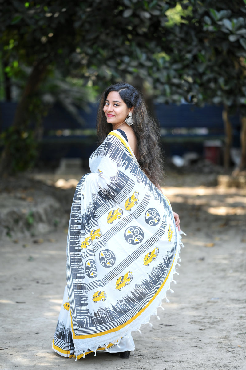 Kolkata Taxi Print Cotton Saree