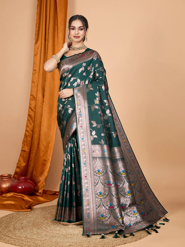 Dark green premium banarasi silk saree with meenakari zari weaving work