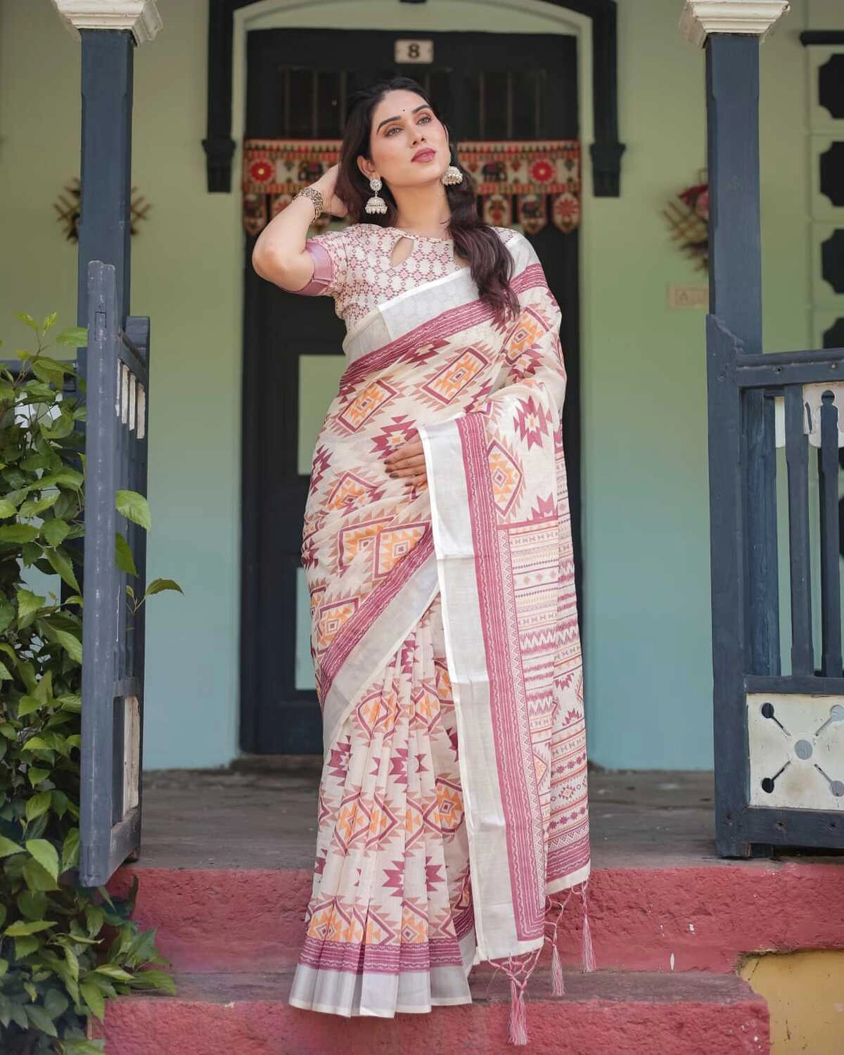 Multi summer special digital printed linen cotton saree